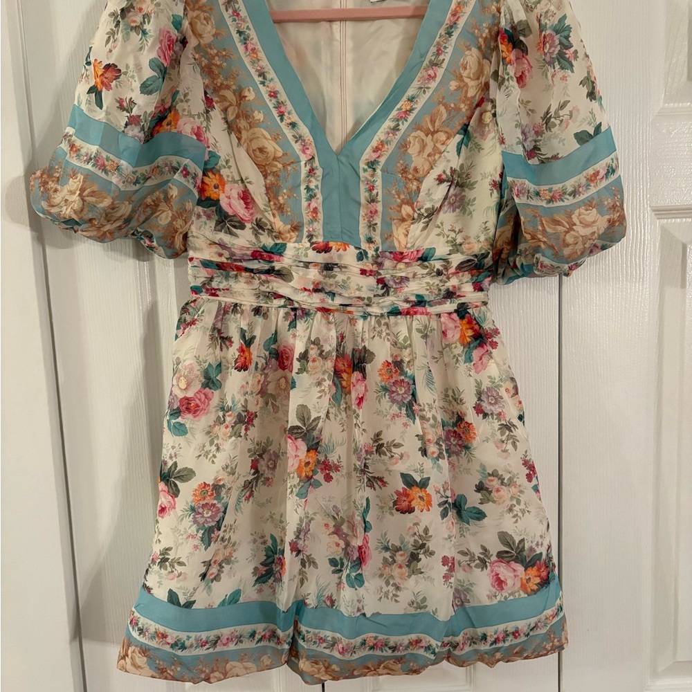 AMUR Floral V-Neck Dress with Puff Sleeves